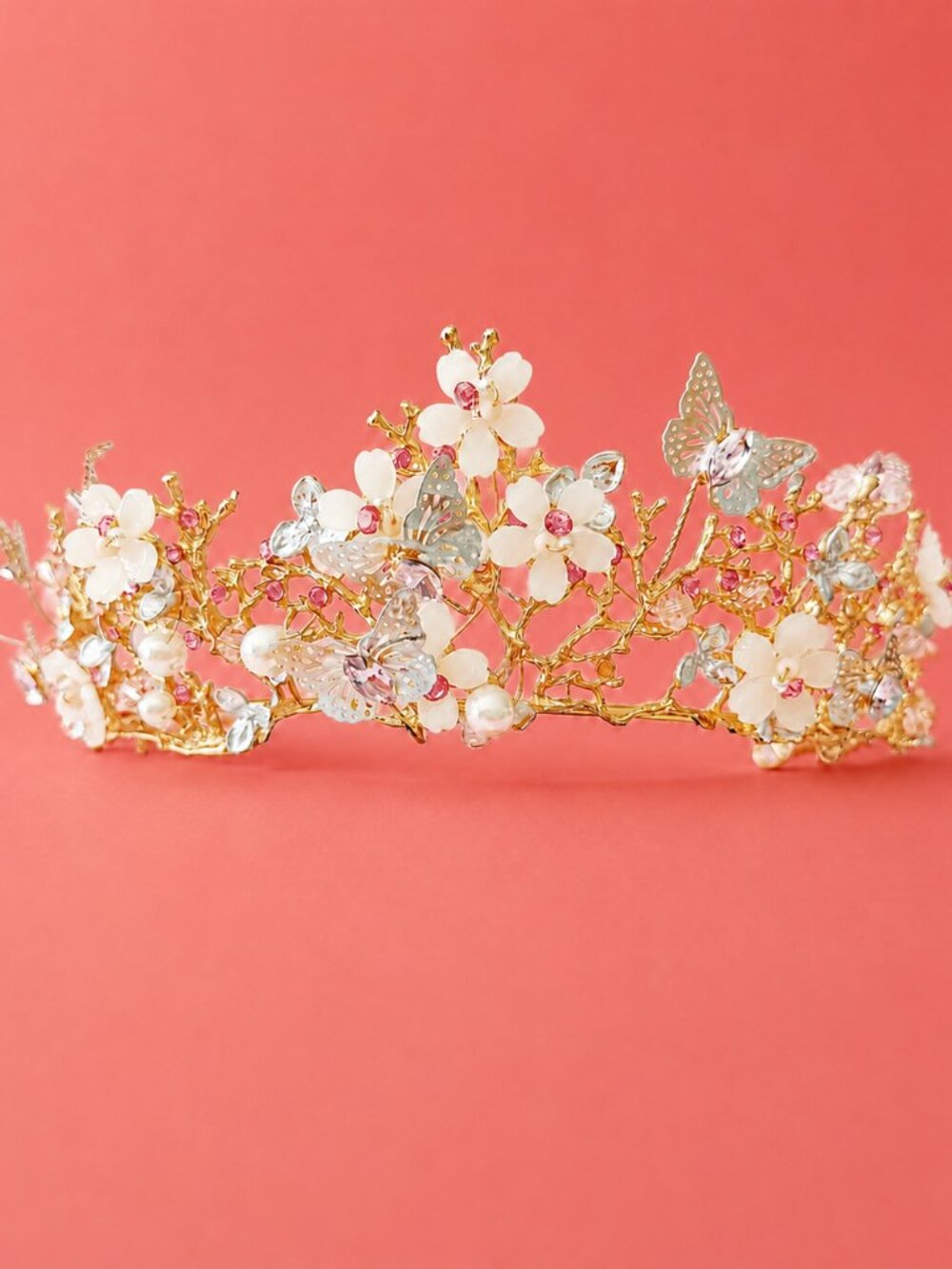 Pink Crystal Butterfly Crown, Gold Floral Tiara, Wedding Bridal Headpiece